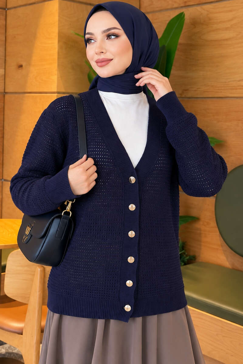 Pointelle V-Neck Knit Cardigan - Navy