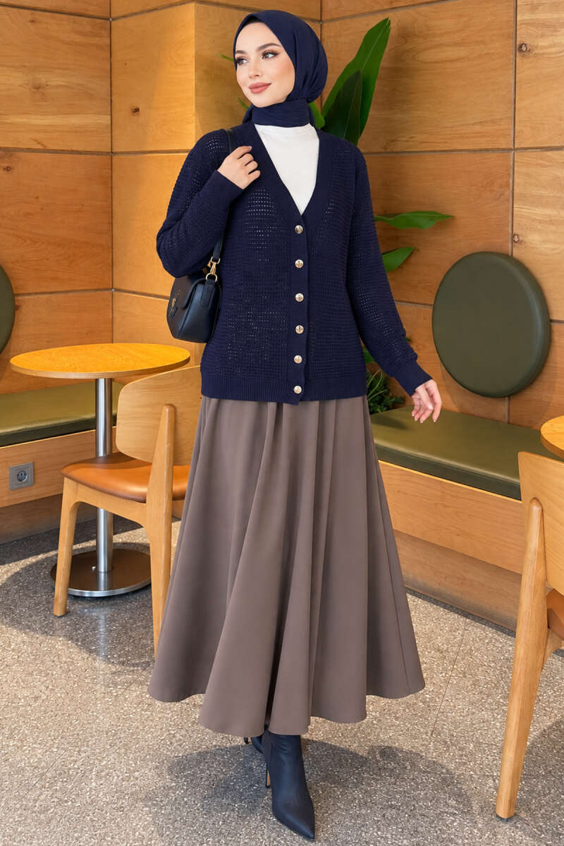 Pointelle V-Neck Knit Cardigan - Navy