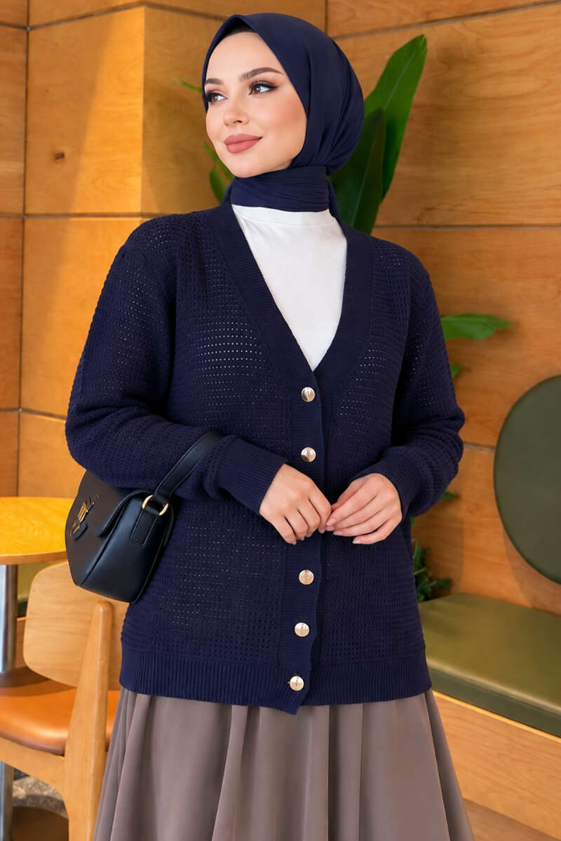 Pointelle V-Neck Knit Cardigan - Navy