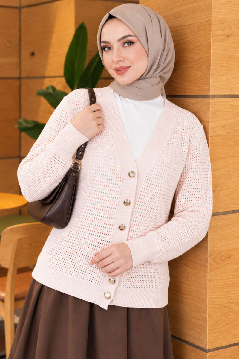 Pointelle V-Neck Knit Cardigan - Pink