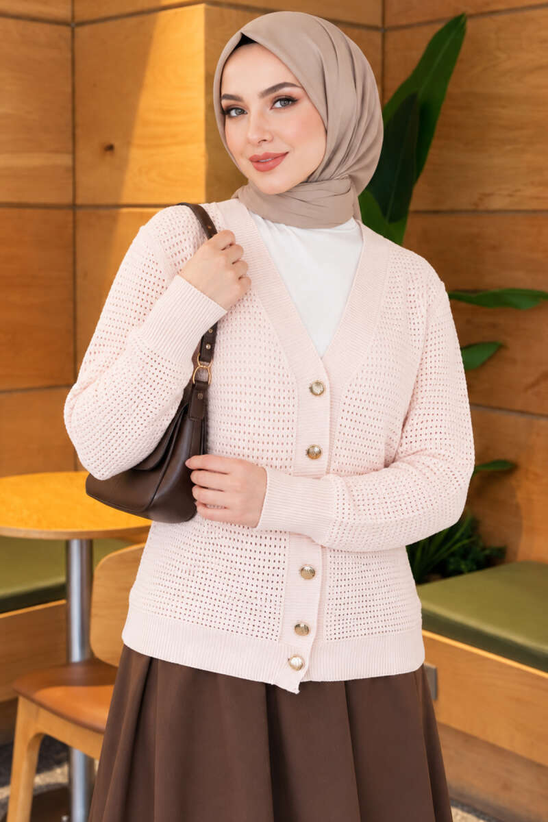 Pointelle V-Neck Knit Cardigan - Pink