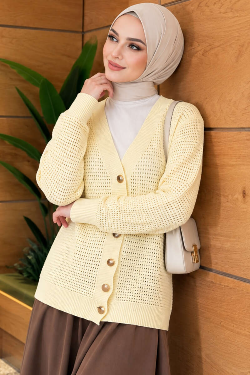 Pointelle V-Neck Knit Cardigan - Yellow