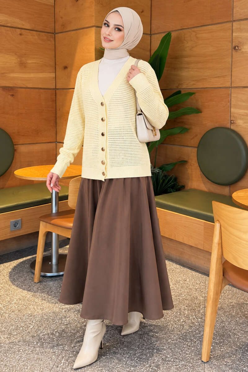Pointelle V-Neck Knit Cardigan - Yellow