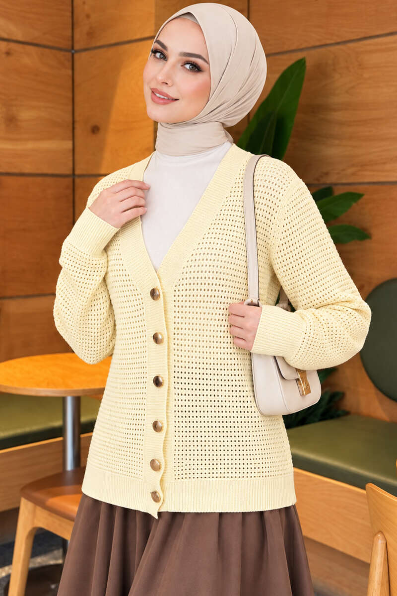 Pointelle V-Neck Knit Cardigan - Yellow