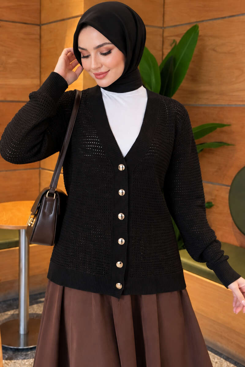 Pointelle V-Neck Knit Cardigan - Black