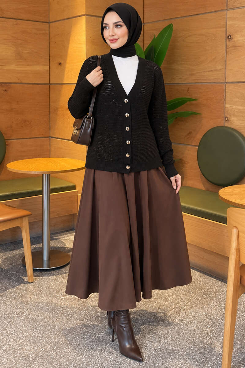 Pointelle V-Neck Knit Cardigan - Black