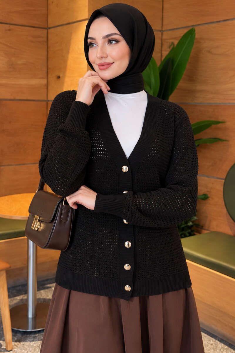 Pointelle V-Neck Knit Cardigan - Black