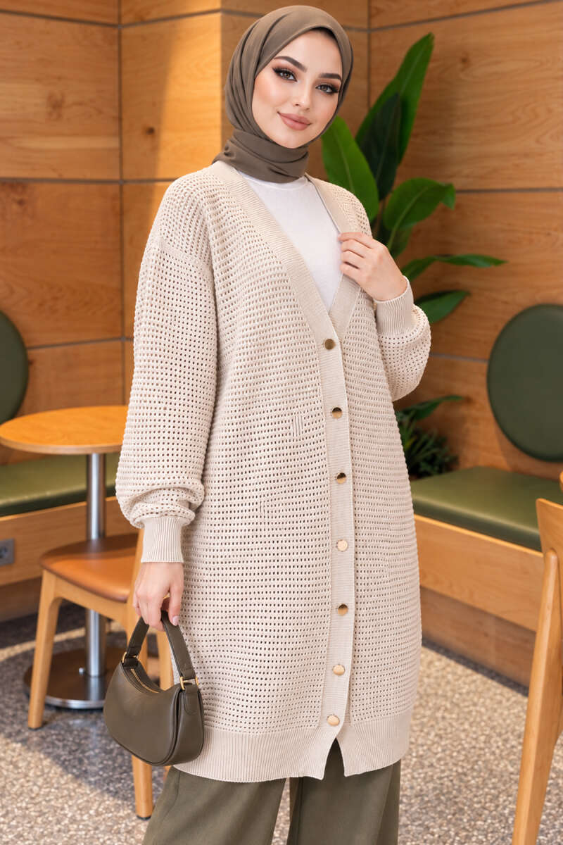 Long Pointelle V-Neck Knit Cardigan - Beige