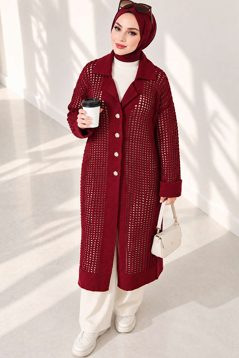 Pointelle Knit Cardigan with Button Detail - Burgundy