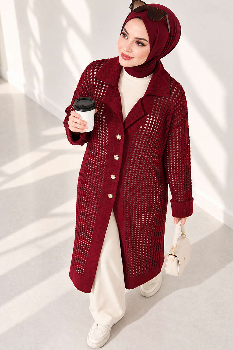 Pointelle Knit Cardigan with Button Detail - Burgundy