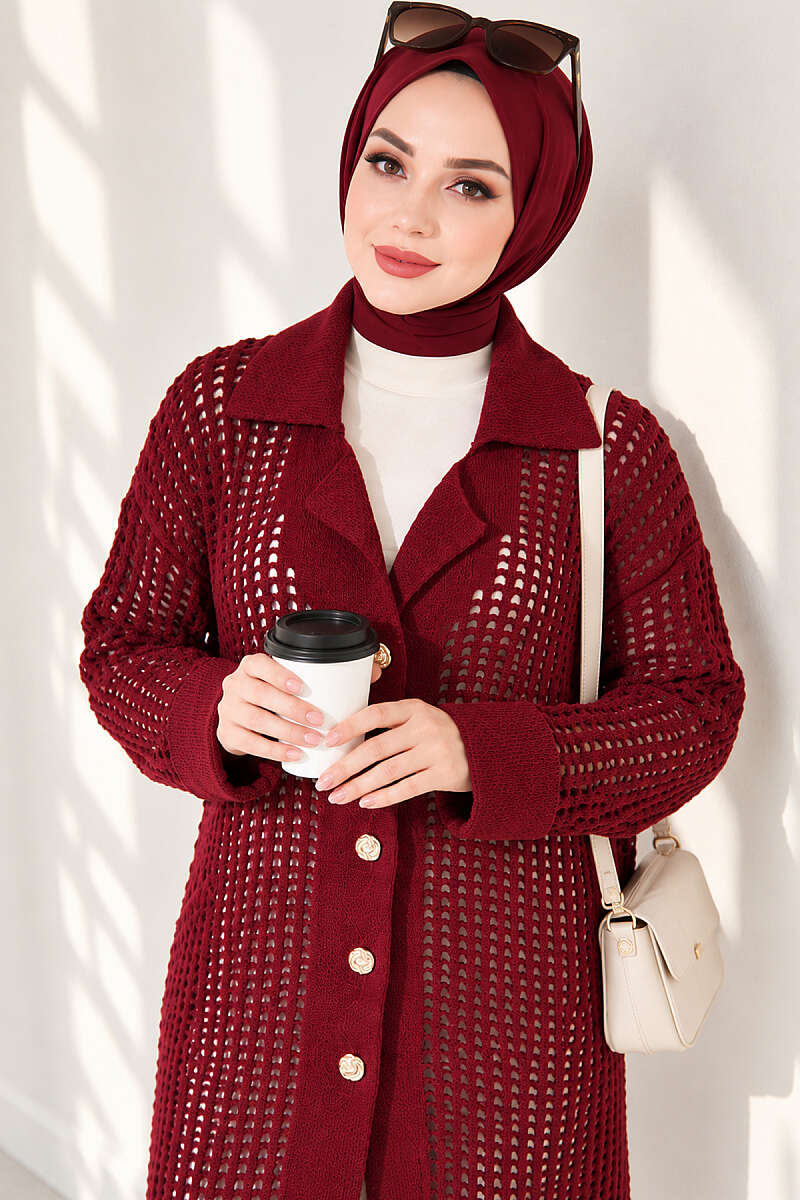 Pointelle Knit Cardigan with Button Detail - Burgundy