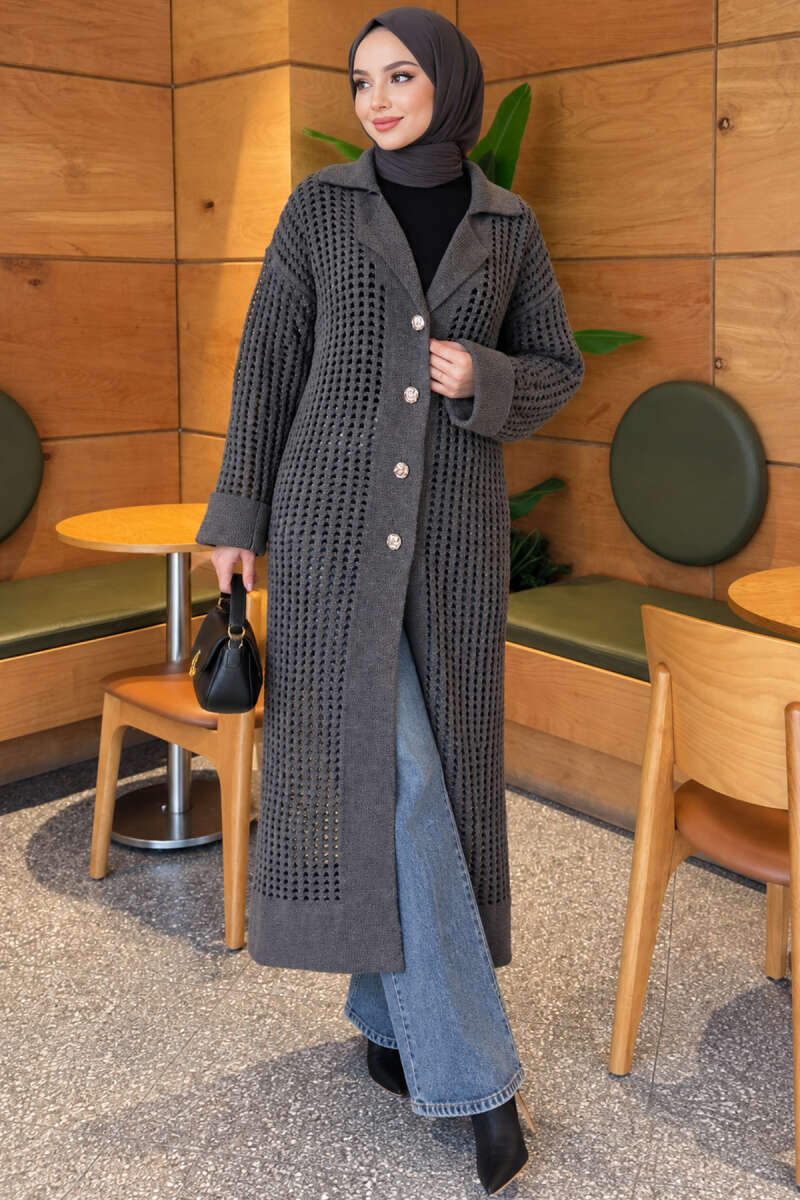 Pointelle Knit Cardigan with Button Detail - Smoke Grey
