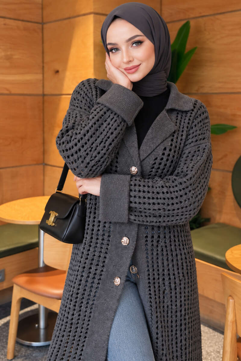 Pointelle Knit Cardigan with Button Detail - Smoke Grey