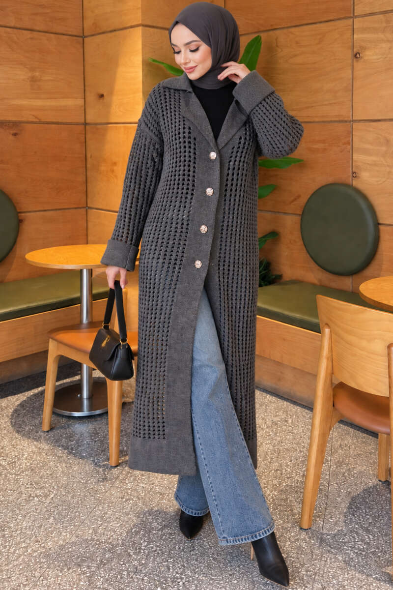 Pointelle Knit Cardigan with Button Detail - Smoke Grey