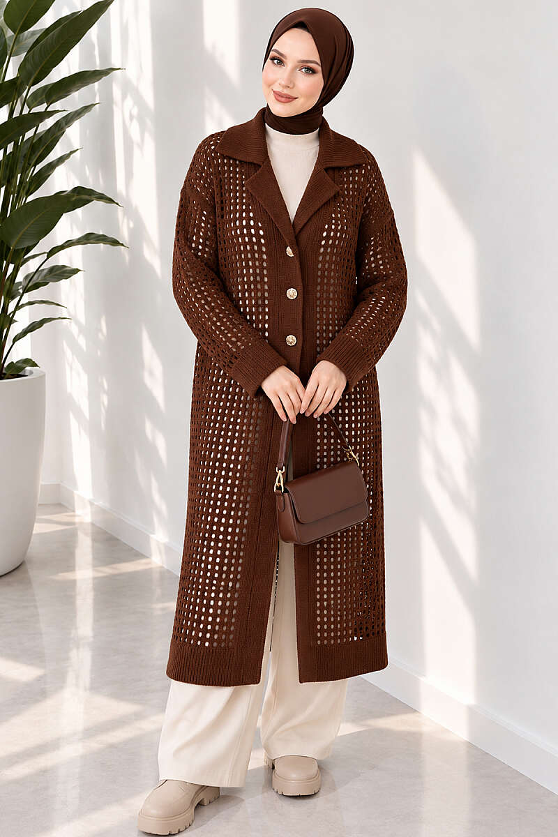 Pointelle Knit Cardigan with Button Detail - Brown
