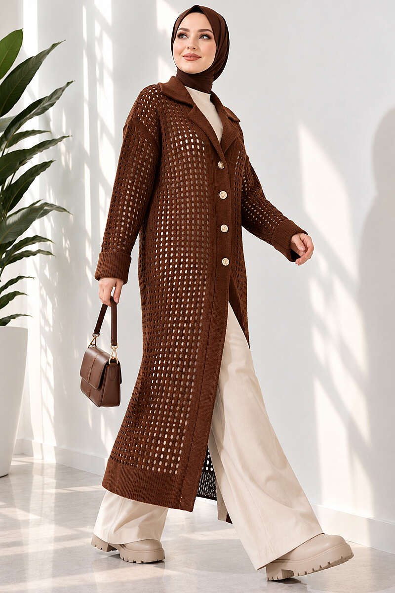 Pointelle Knit Cardigan with Button Detail - Brown