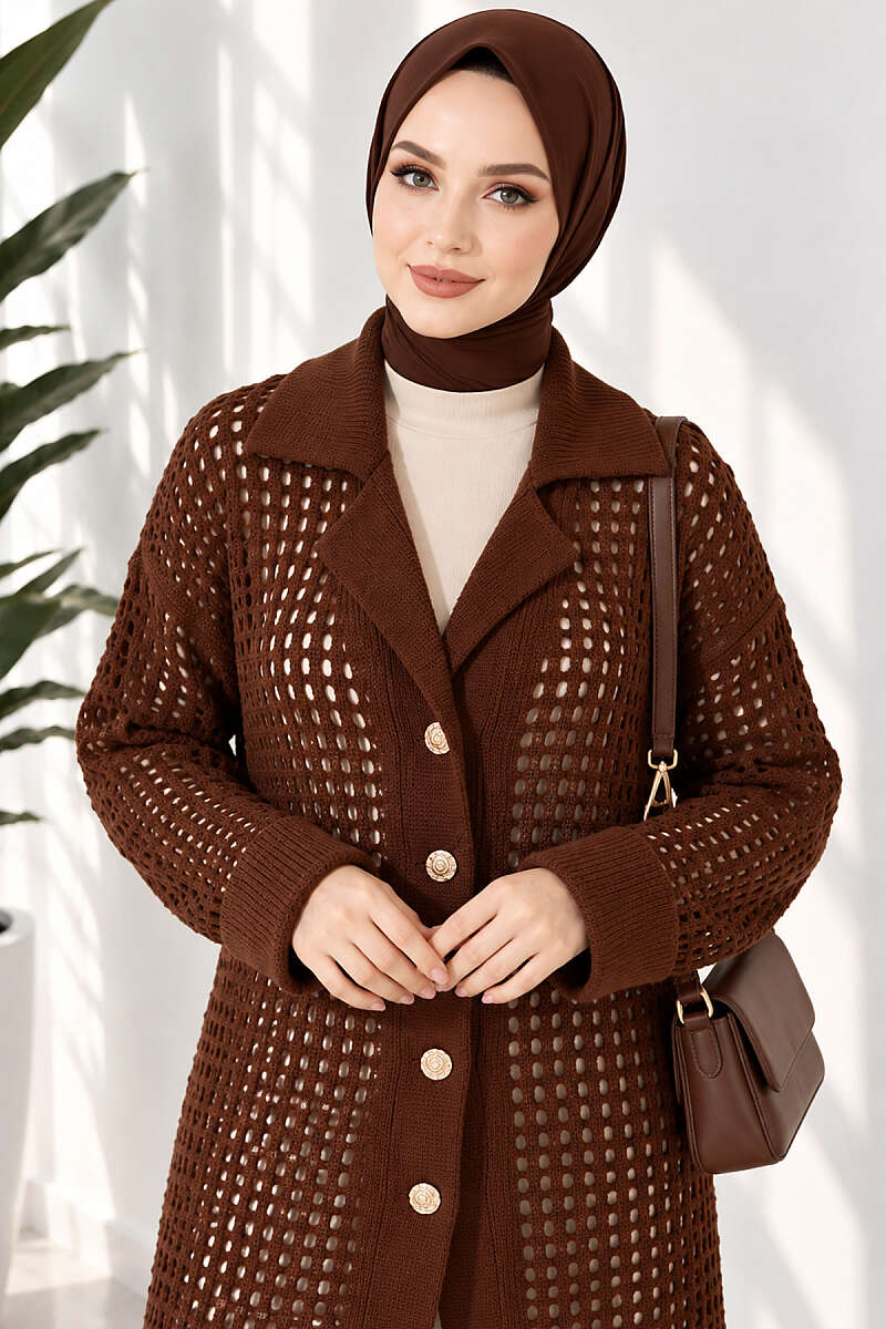 Pointelle Knit Cardigan with Button Detail - Brown