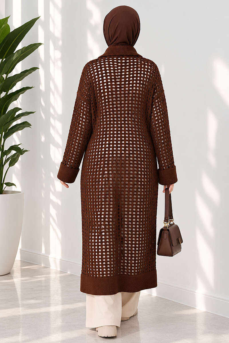 Pointelle Knit Cardigan with Button Detail - Brown