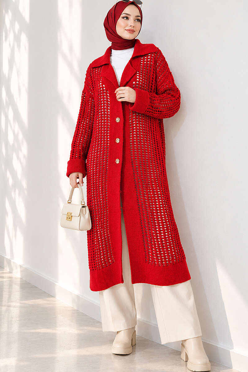 Pointelle Knit Cardigan with Button Detail - Red