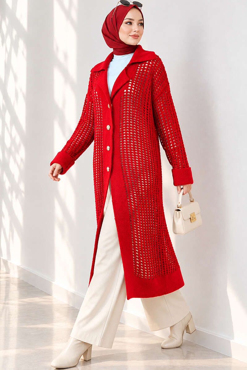Pointelle Knit Cardigan with Button Detail - Red