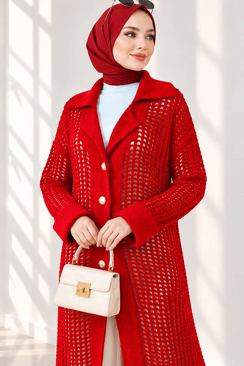 Pointelle Knit Cardigan with Button Detail - Red