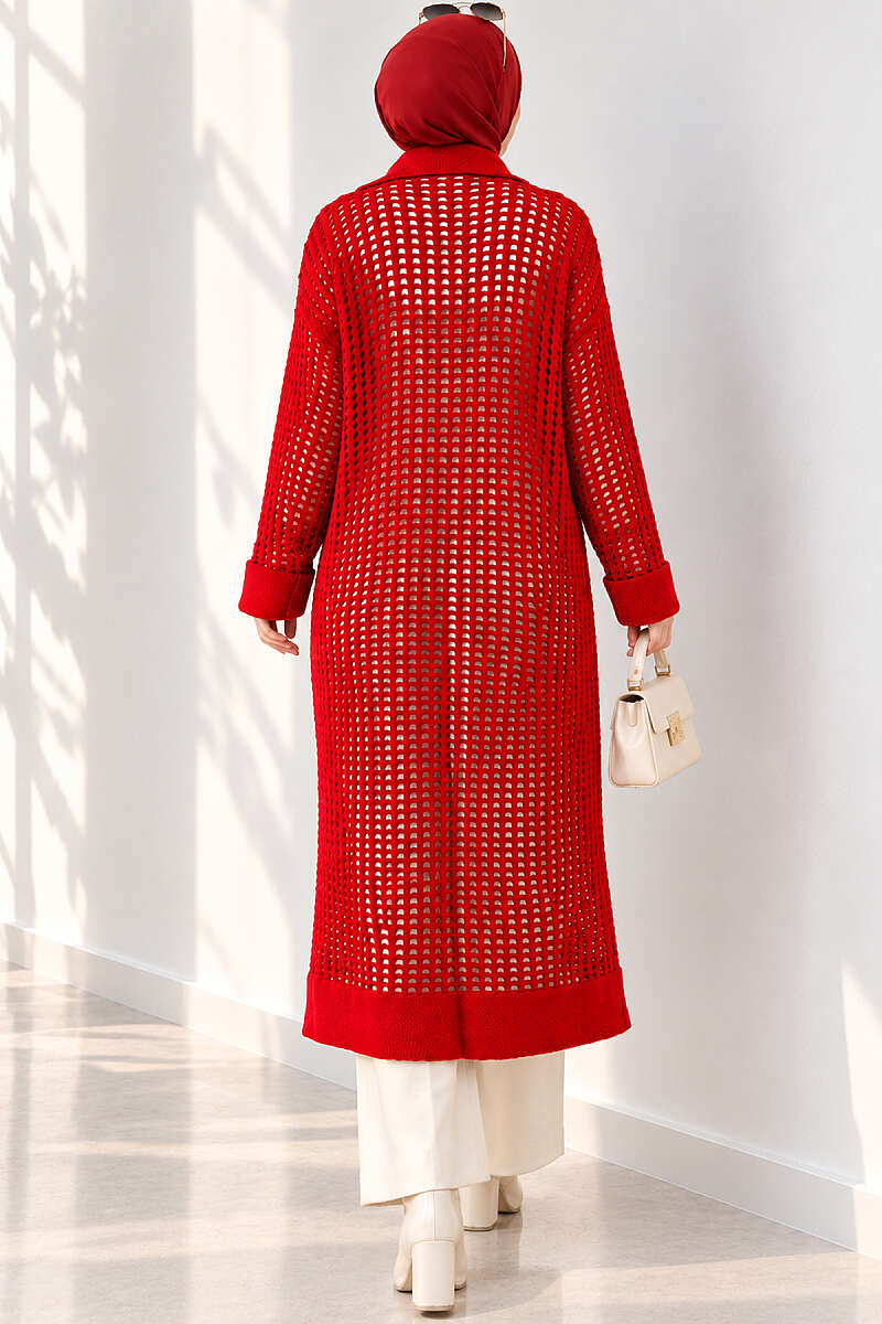 Pointelle Knit Cardigan with Button Detail - Red