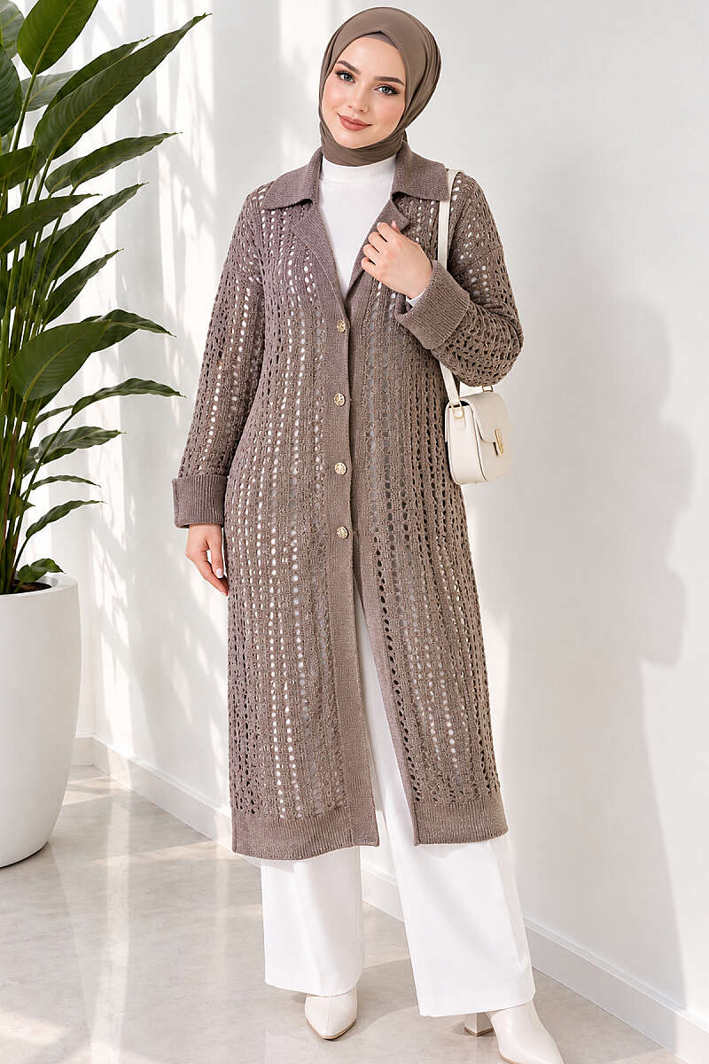 Pointelle Knit Cardigan with Button Detail - Mink