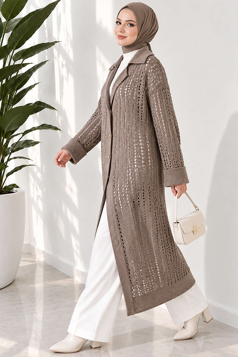 Pointelle Knit Cardigan with Button Detail - Mink