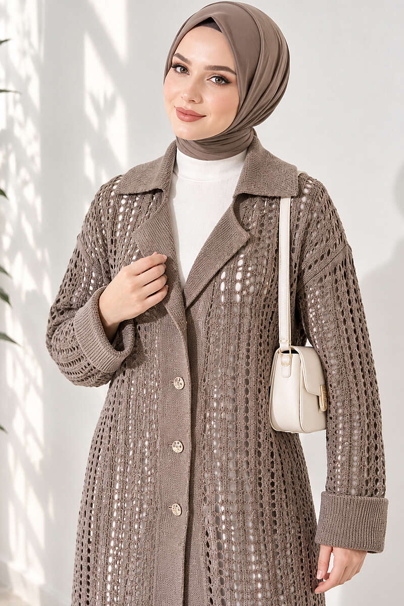 Pointelle Knit Cardigan with Button Detail - Mink