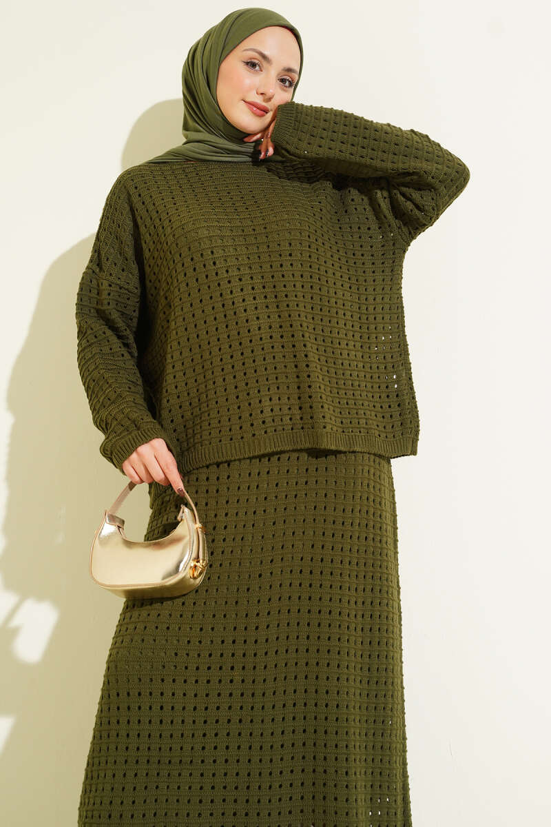 Openwork Knit Skirt Set - Khaki