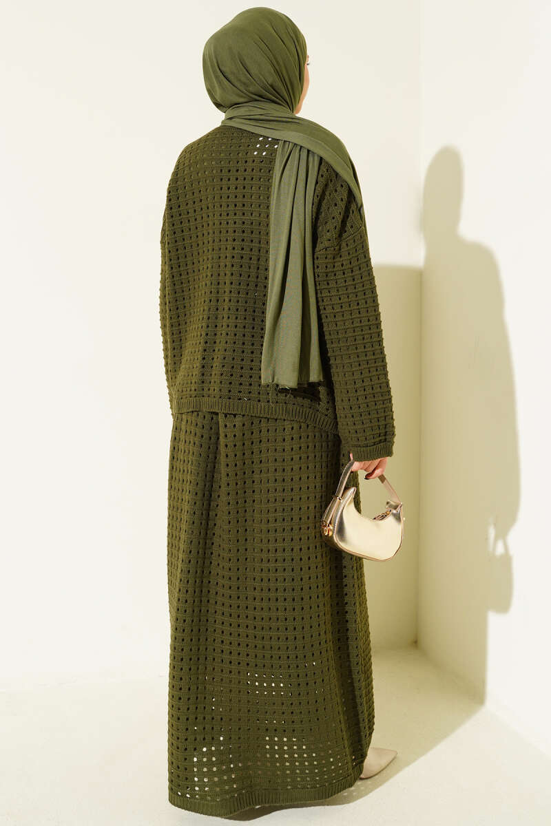 Openwork Knit Skirt Set - Khaki