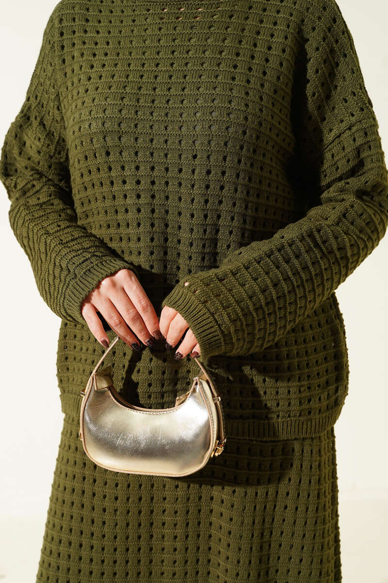 Openwork Knit Skirt Set - Khaki