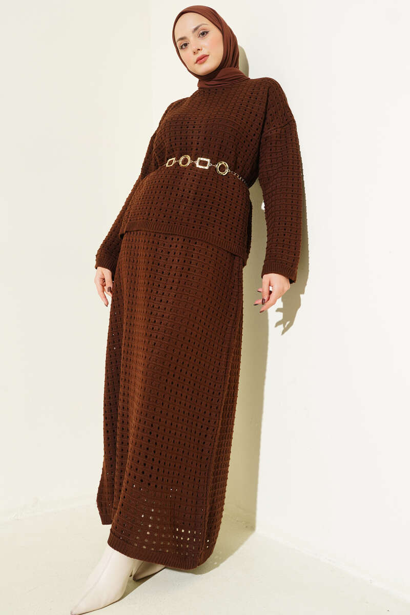 Openwork Knit Skirt Set - Brown