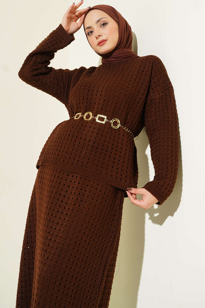 Openwork Knit Skirt Set - Brown