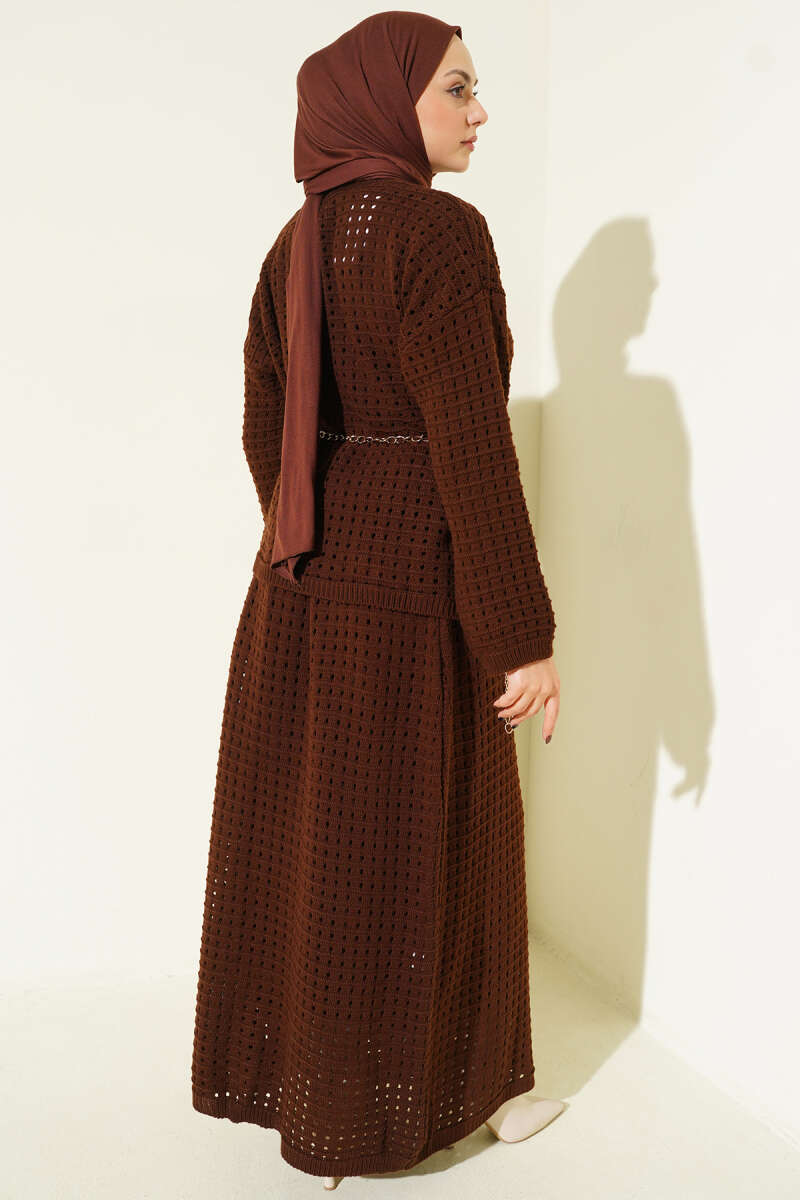 Openwork Knit Skirt Set - Brown