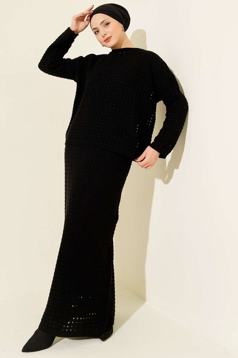 Openwork Knit Skirt Set - Black