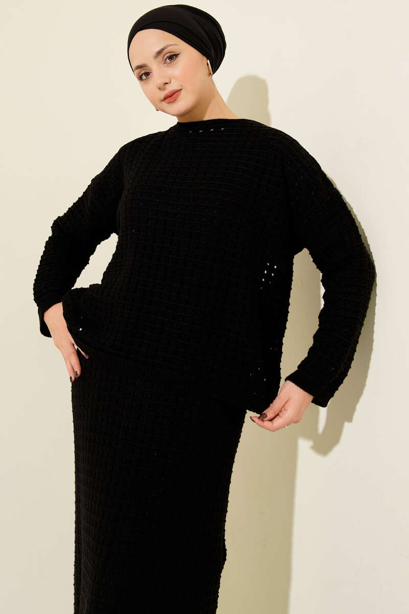 Openwork Knit Skirt Set - Black