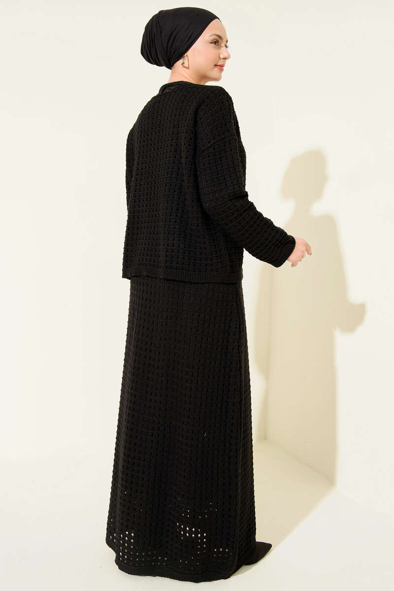 Openwork Knit Skirt Set - Black