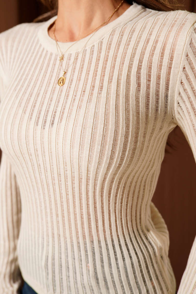 Openwork Ribbed Knit Bodysuit - Beige