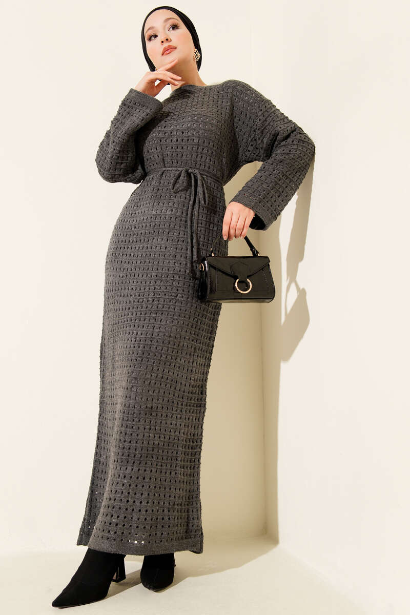 Openwork Knit Dress with Tie Cord - Smoke Grey