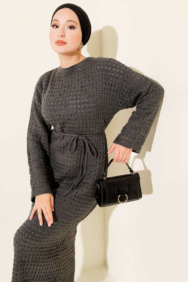 Openwork Knit Dress with Tie Cord - Smoke Grey