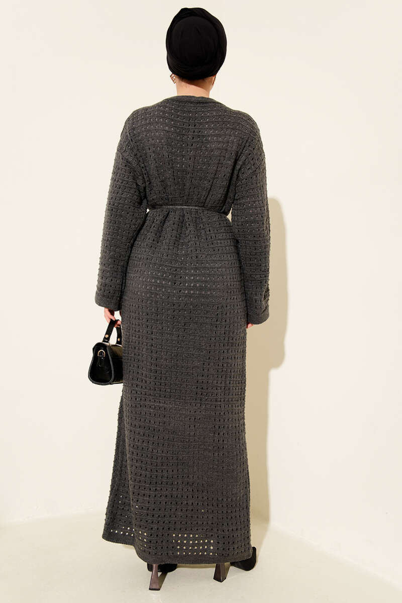 Openwork Knit Dress with Tie Cord - Smoke Grey