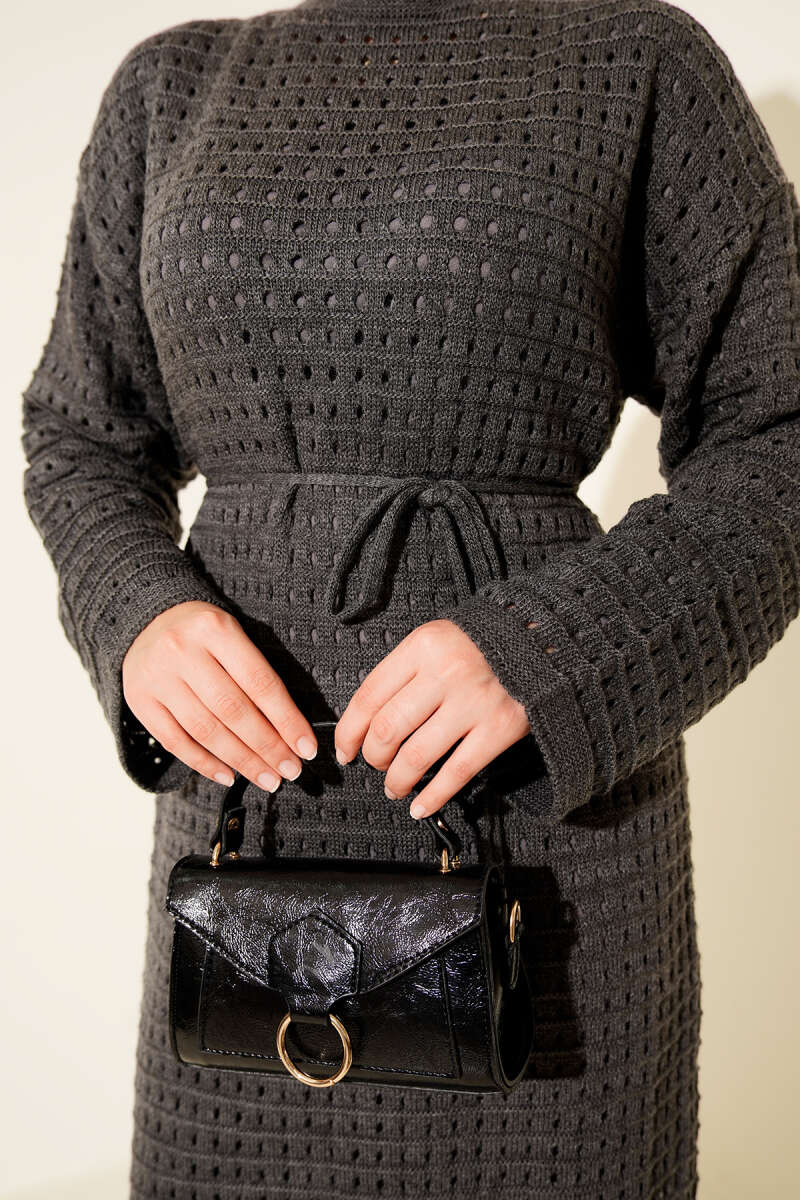 Openwork Knit Dress with Tie Cord - Smoke Grey