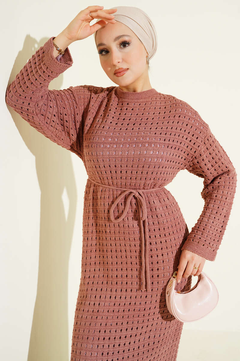 Openwork Knit Dress with Tie Cord - Dusty Rose