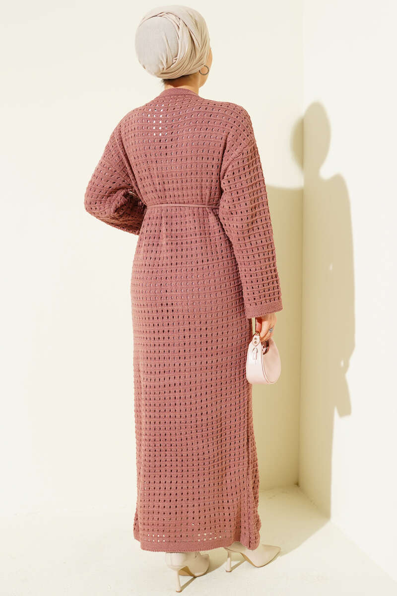 Openwork Knit Dress with Tie Cord - Dusty Rose