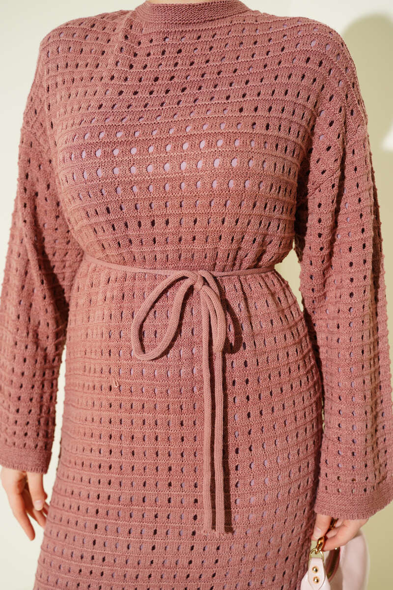 Openwork Knit Dress with Tie Cord - Dusty Rose
