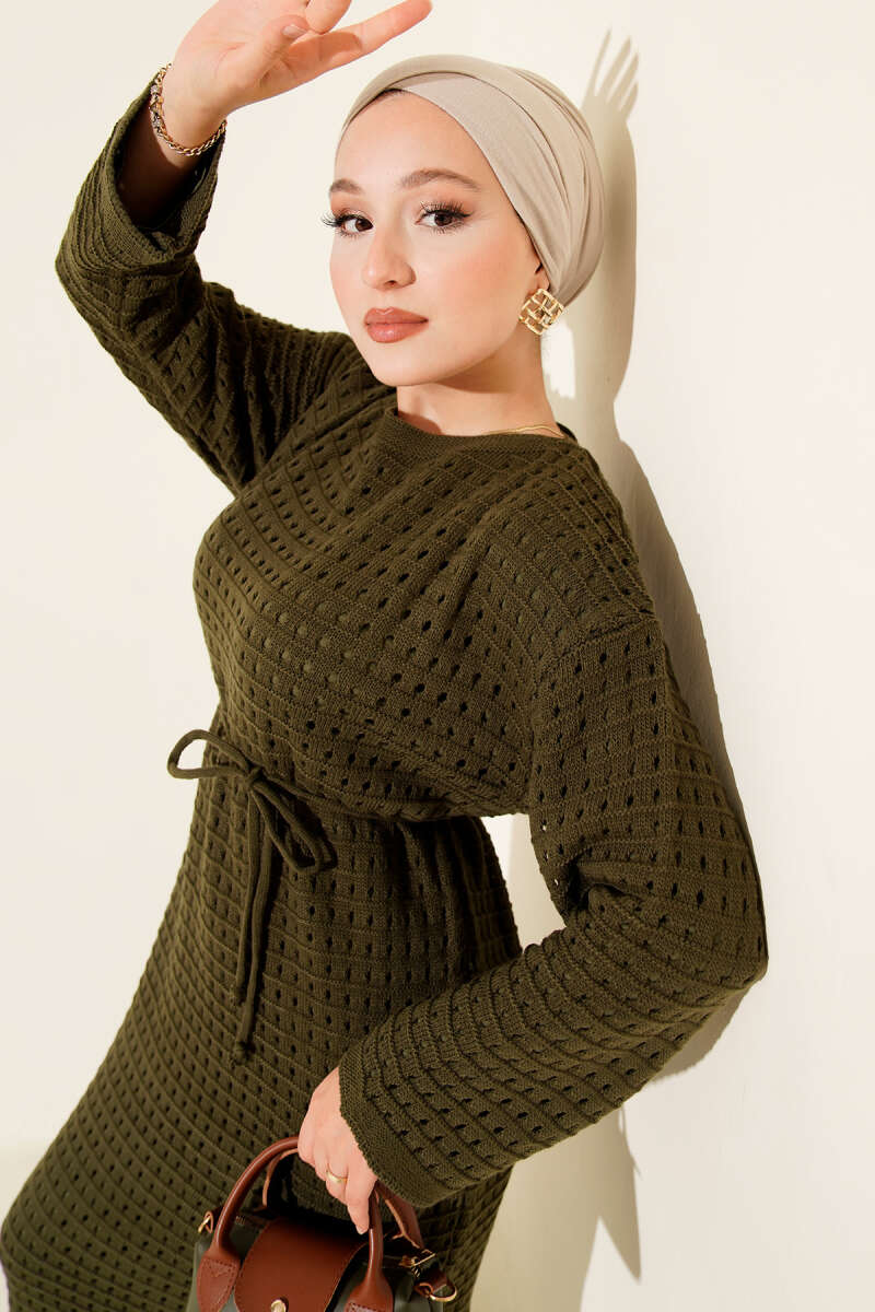 Openwork Knit Dress with Tie Cord - Khaki