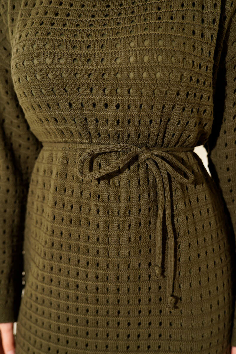 Openwork Knit Dress with Tie Cord - Khaki