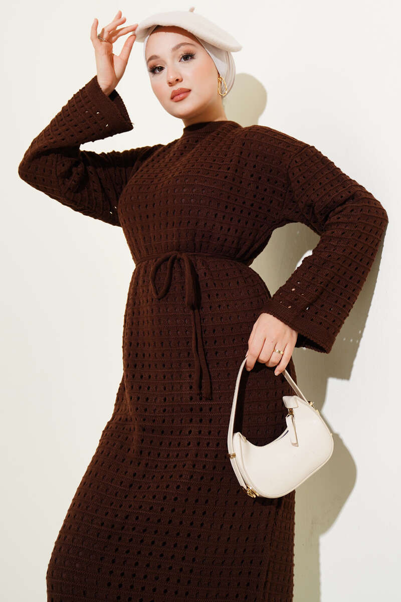 Openwork Knit Dress with Tie Cord - Brown