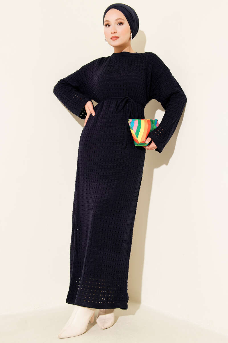 Openwork Knit Dress with Tie Cord - Navy